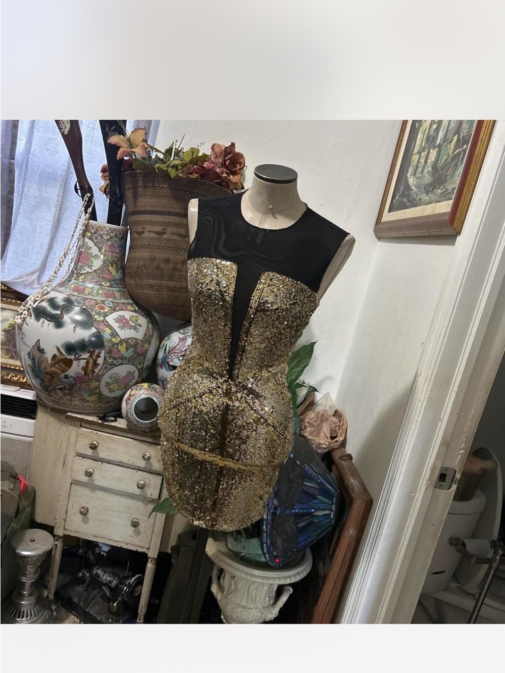 bebe Black and Gold Sequin Mini Dress